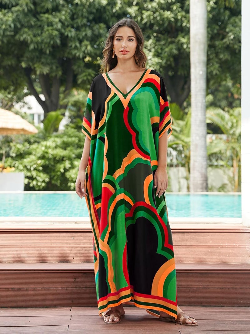 IMAGEKOPE Women's Plus Size Loose Fit Moroccan Print V-Neck Batwing Kaftan Beach Dress Bathing Suit Cover Up - Image 5